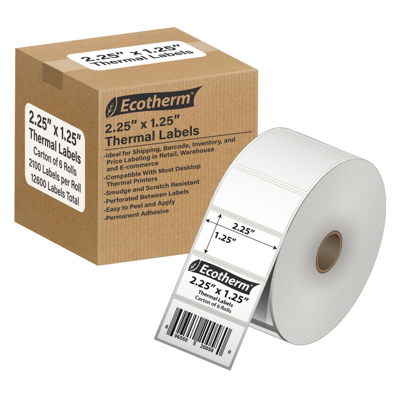 Ecotherm 2.25" x 1.25" Thermal Labels | 6 Rolls | 12600 Labels | fits Zebra, Munbyn, Rollo, Godex, Arkscan, iDPRT, Offnova Thermal Label Printers and More | Blank White Adhesive Stickers by Ecotherm - Image 1
